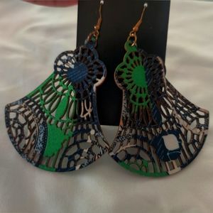Blue/Green/White Laser Cut Statement Earrings